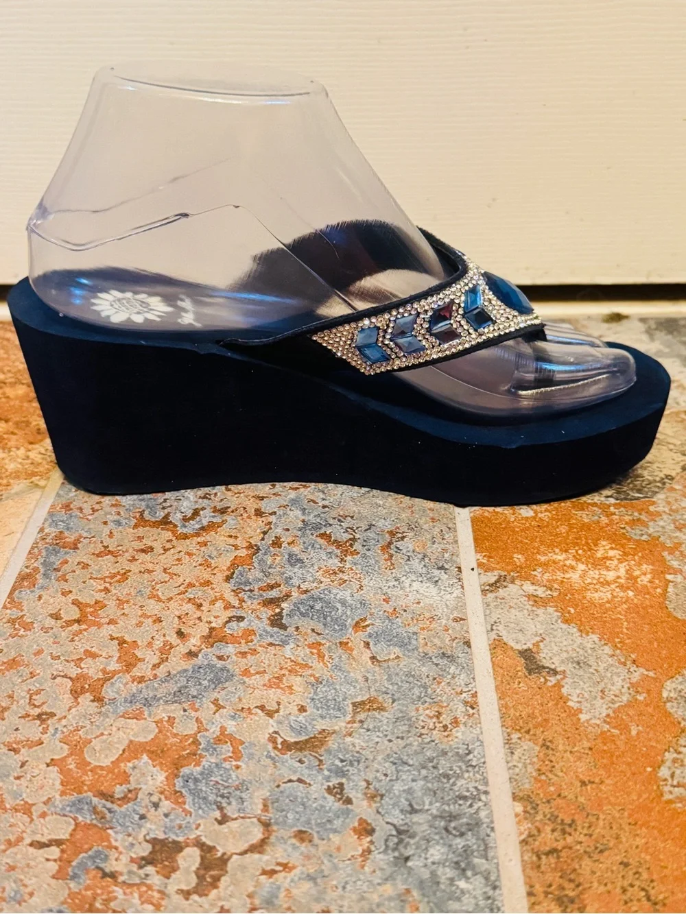 NWOB! Yellow Box Embellished Blue Gem and Rhinestone Platform Thong Sandals! - Picture 9 of 15